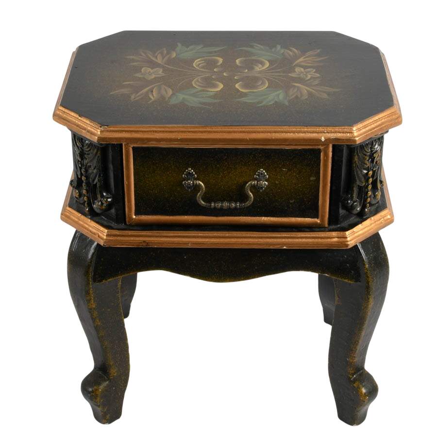 Black and Gold Tole-Painted Nightstand with Floral Top-2