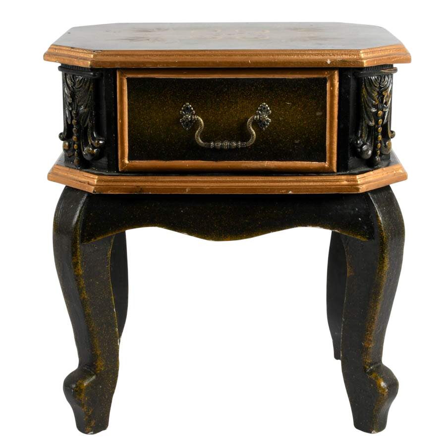 Black and Gold Tole-Painted Nightstand with Floral Top-1