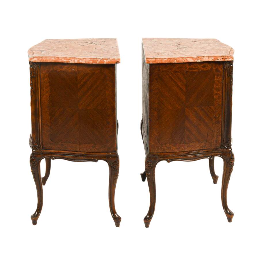 Antique Pair of French Walnut and Marble Top Nightstands-5