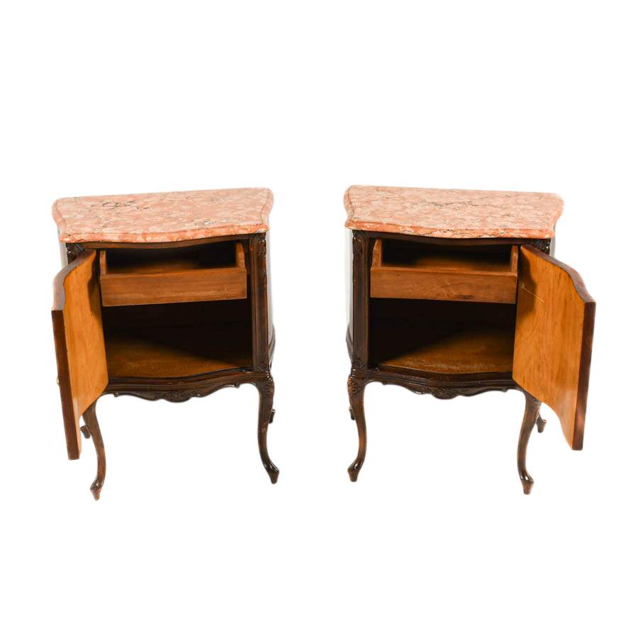 Antique Pair of French Walnut and Marble Top Nightstands-3