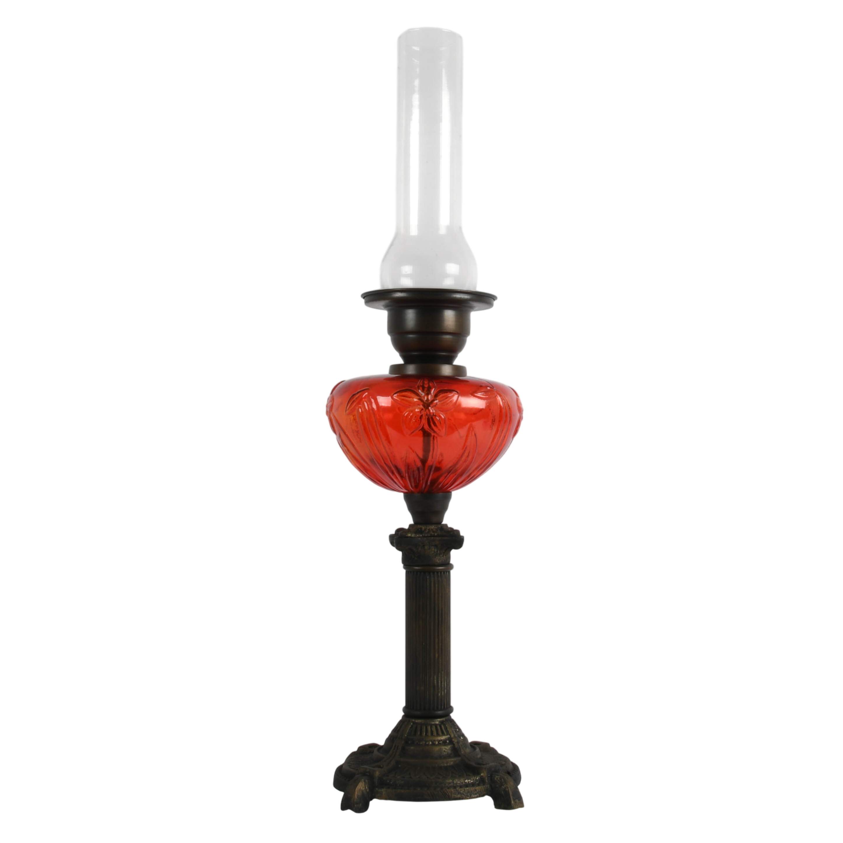 Antique Floral Ruby Glass Converted Oil Lamp-5
