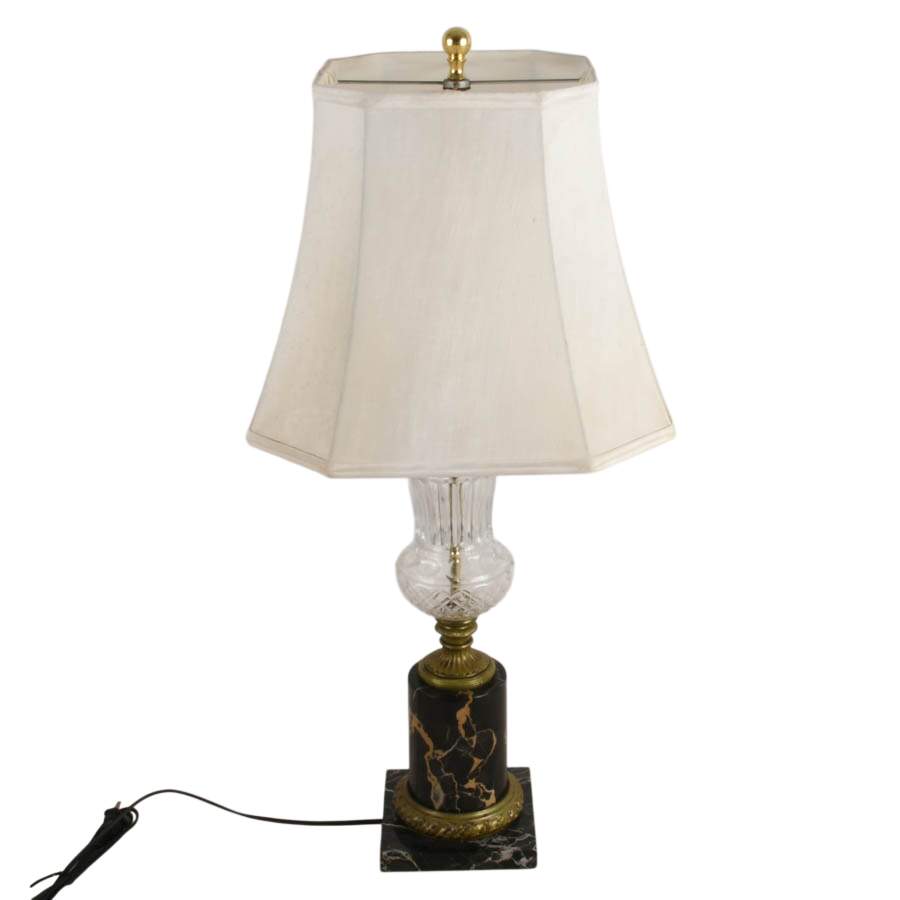 Hollywood Regency-Style Cut Glass Table Lamp with Black Marble Base-3
