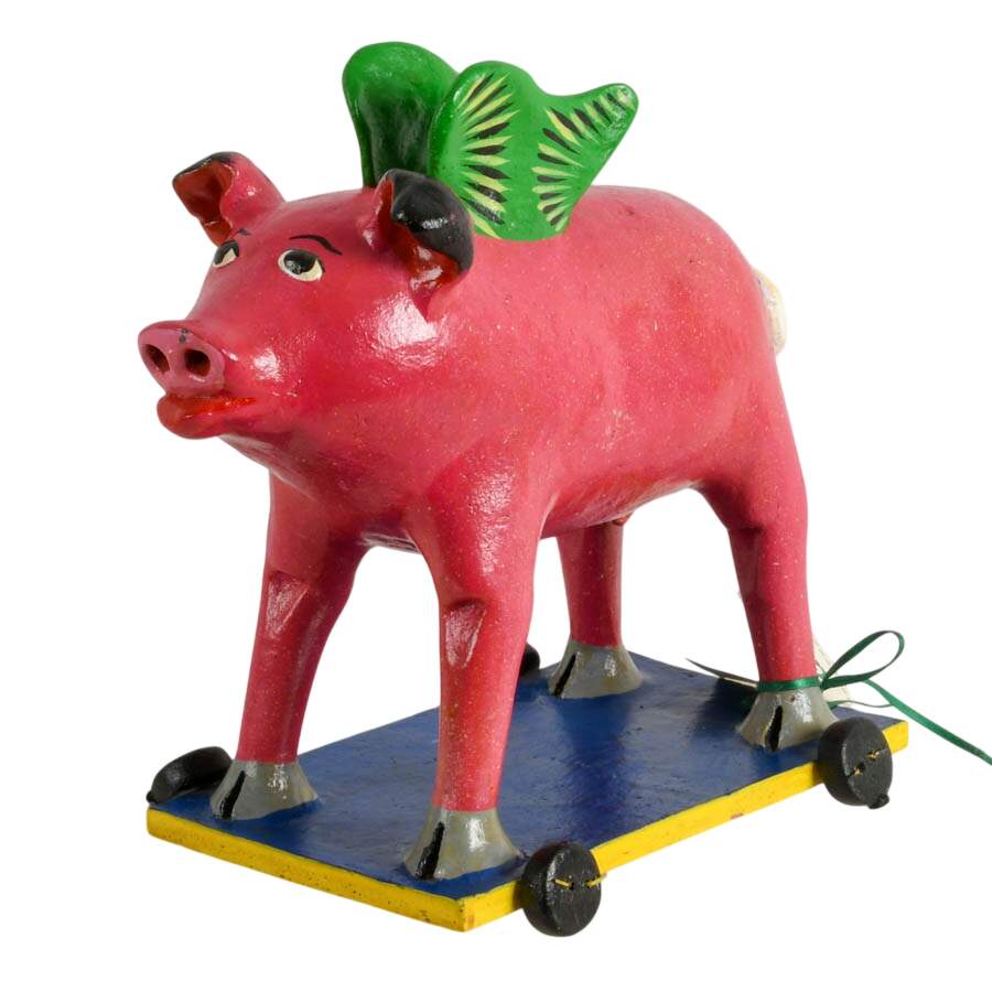 Vintage Mexican Tonala Pig with Wings Coin Bank Signed Ortega-2