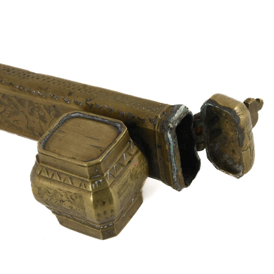 Antique Brass Qalamdan Traveler's Pen Case with Inkwell-7