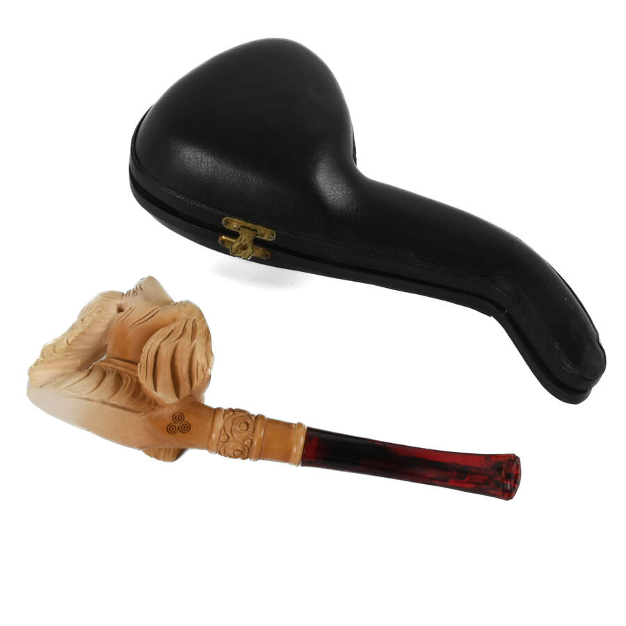 Carved Dog Meerschaum Pipe in Case-8