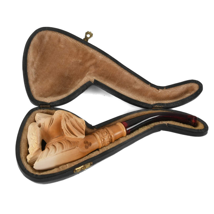 Carved Dog Meerschaum Pipe in Case-6