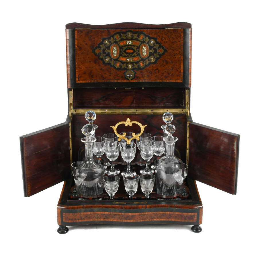 Antique French Liquor Tantalus Burlwood Medallion Inlay Bar Box Set-6