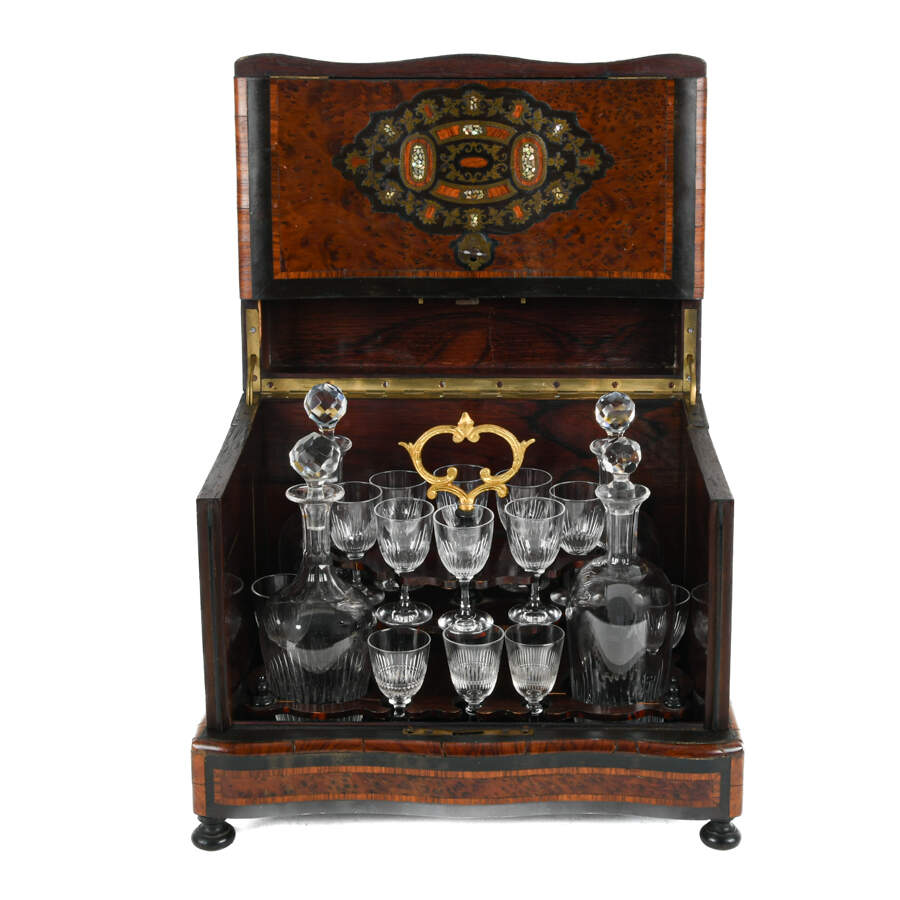 Antique French Liquor Tantalus Burlwood Medallion Inlay Bar Box Set-5