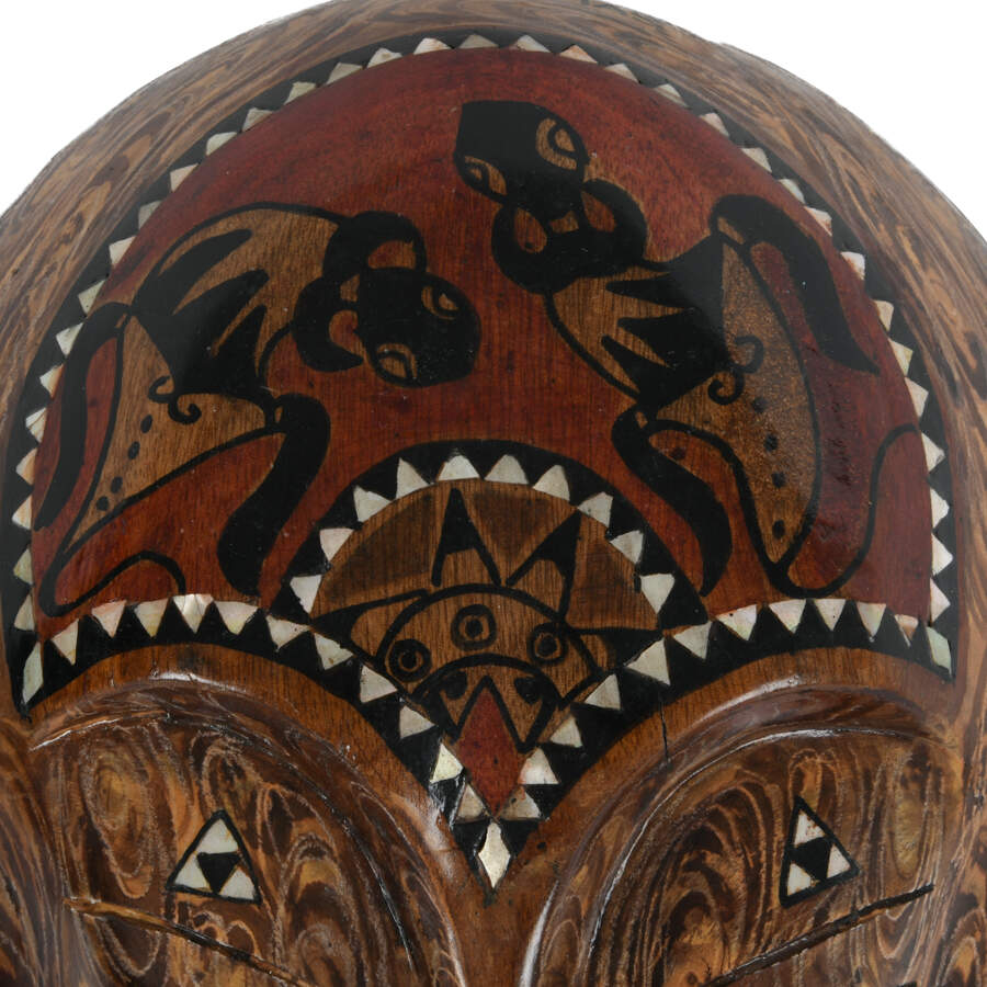 Wood-Carved Native Mask with Mother of Pearl Inlaid-6
