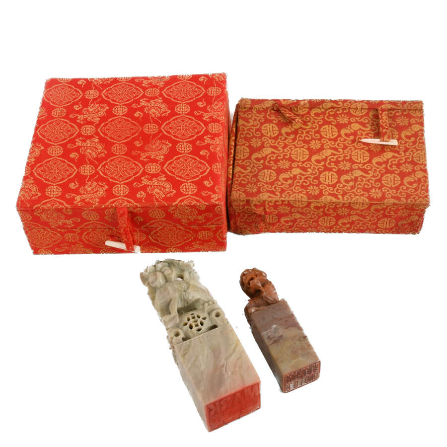 Group of Two Chinese Imperial Lions Soapstone Seals with Original Boxes-11