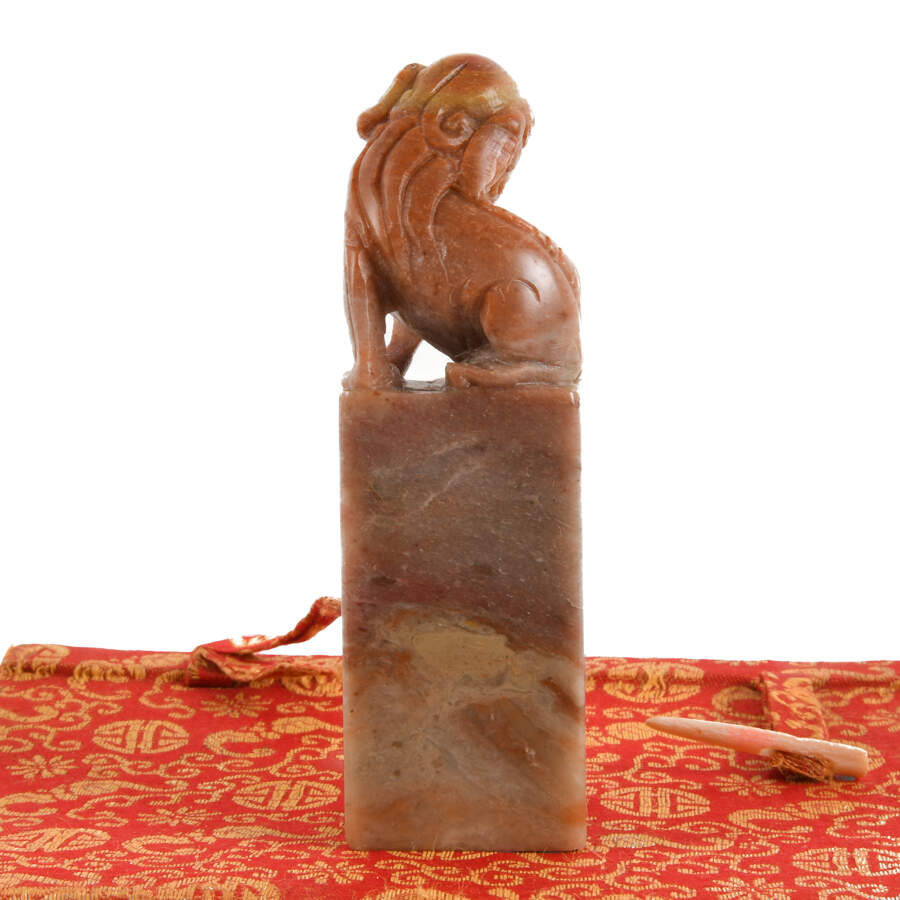 Group of Two Chinese Imperial Lions Soapstone Seals with Original Boxes-9