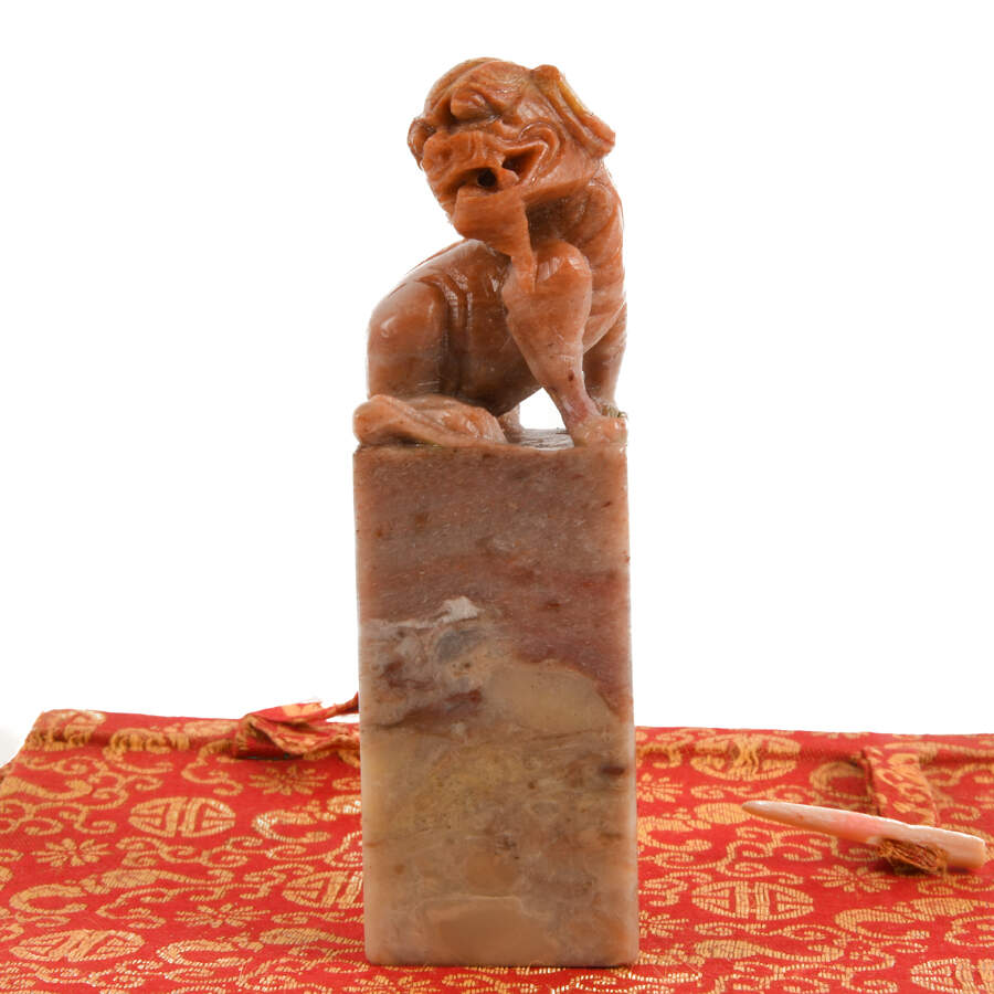 Group of Two Chinese Imperial Lions Soapstone Seals with Original Boxes-7