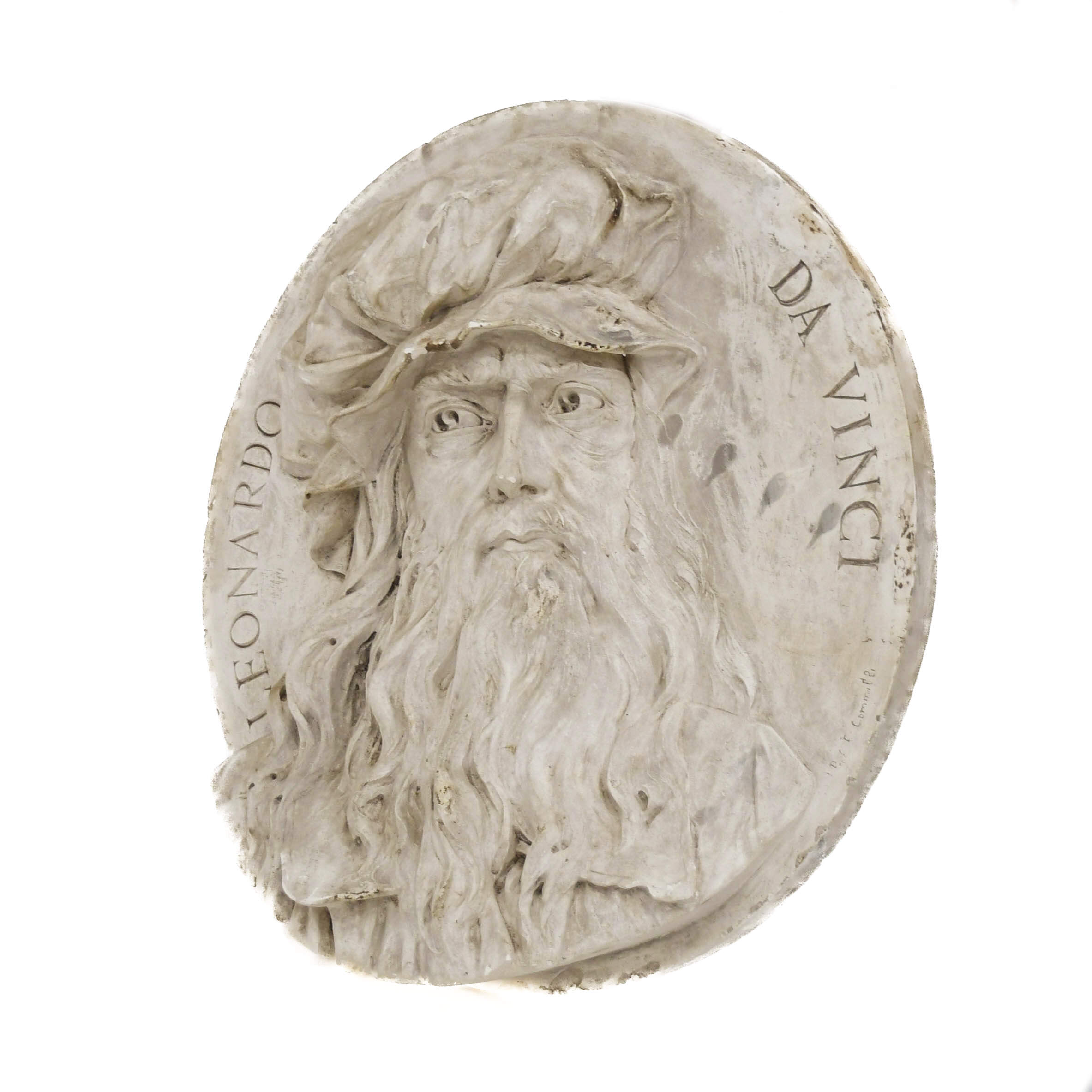 Antique Oversized Carved Roundel Plaster Relief of Leonardo da Vinci-3