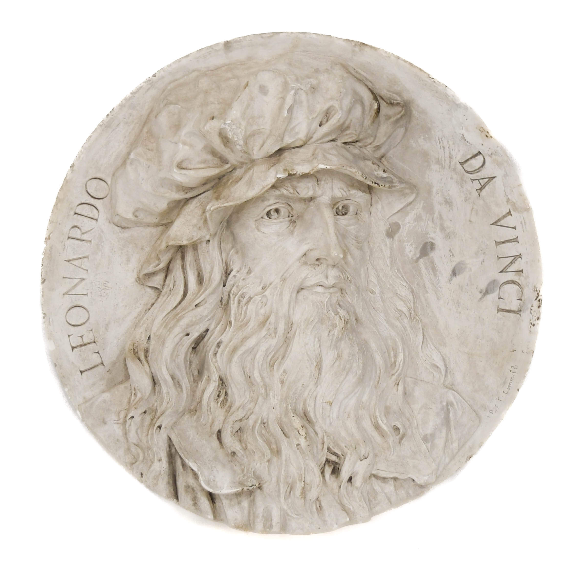 Antique Oversized Carved Roundel Plaster Relief of Leonardo da Vinci-1