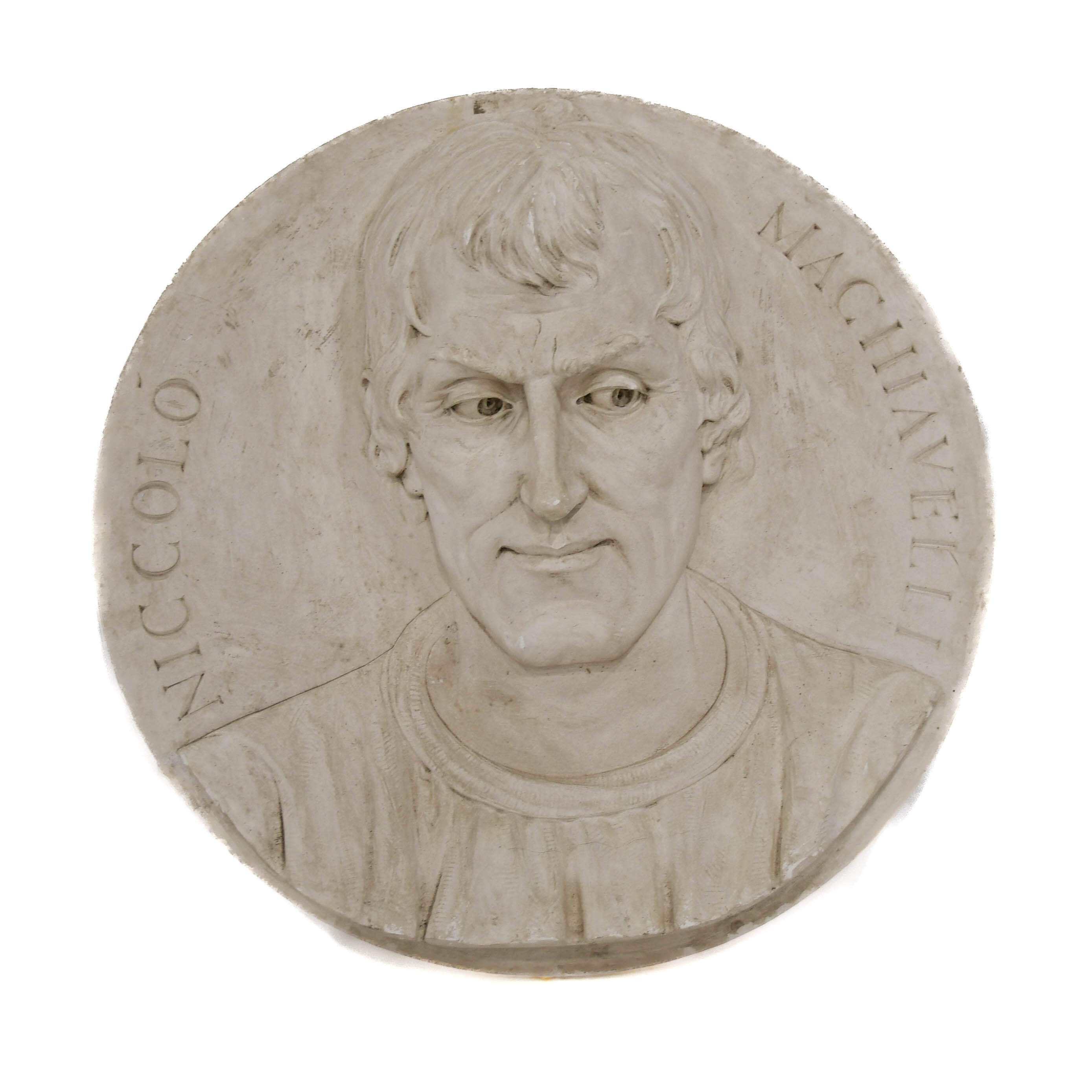 Antique Oversized Carved Roundel Plaster Relief of Niccolò Machiavelli-1