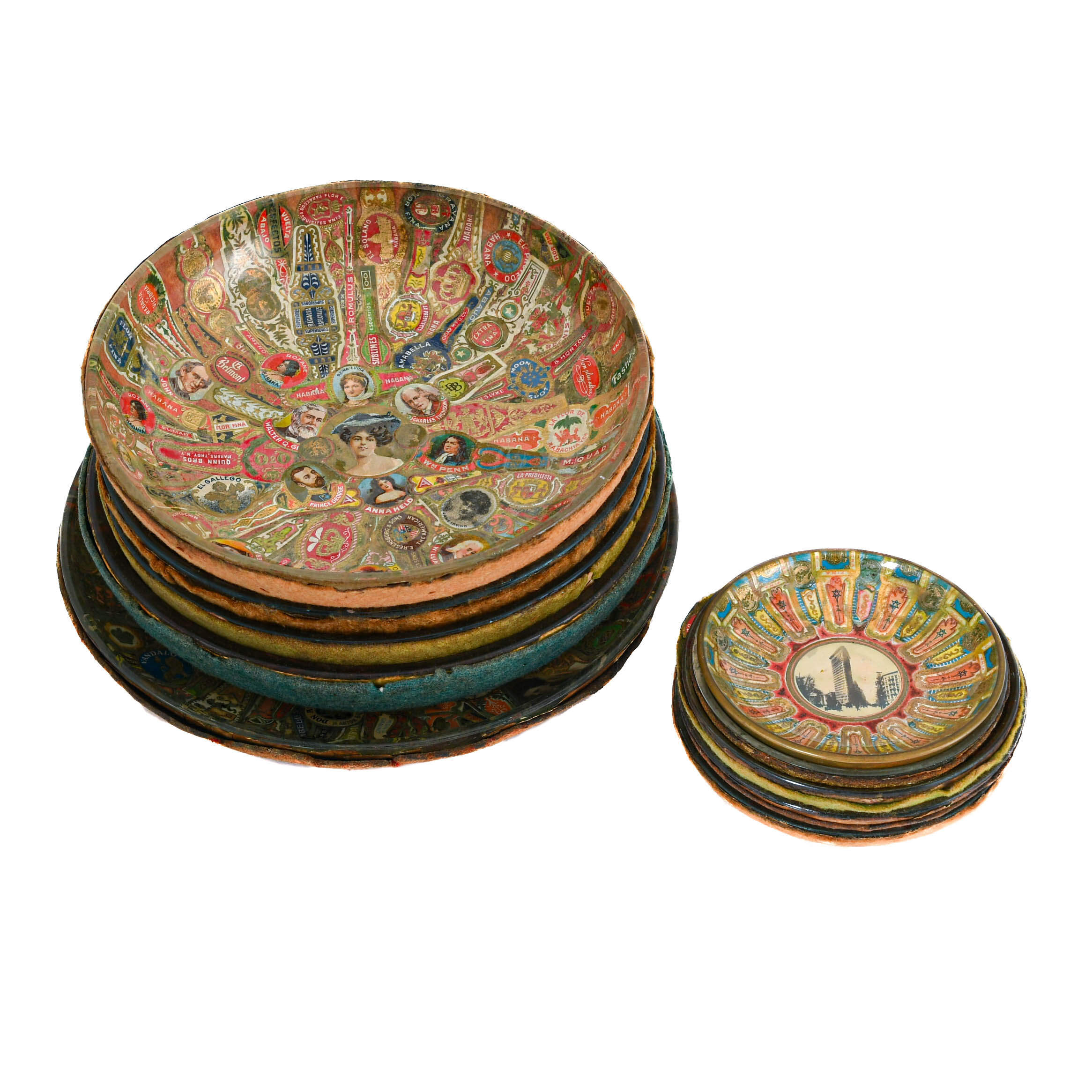 Antique Assorted 39 Piece Lot of Cigar Band Tobacciana Decoupage Dishes-5