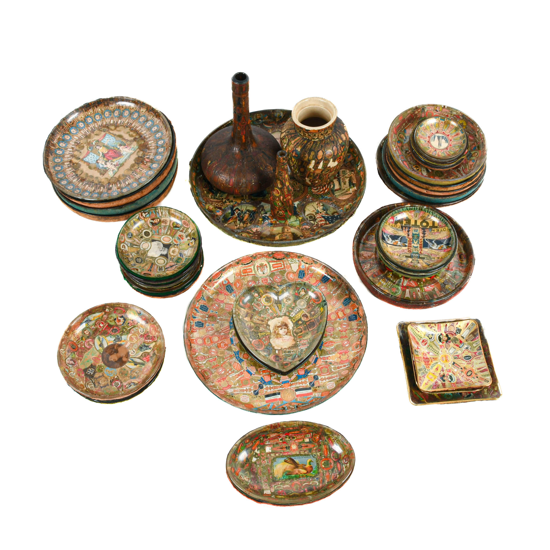 Antique Assorted 39 Piece Lot of Cigar Band Tobacciana Decoupage Dishes-2
