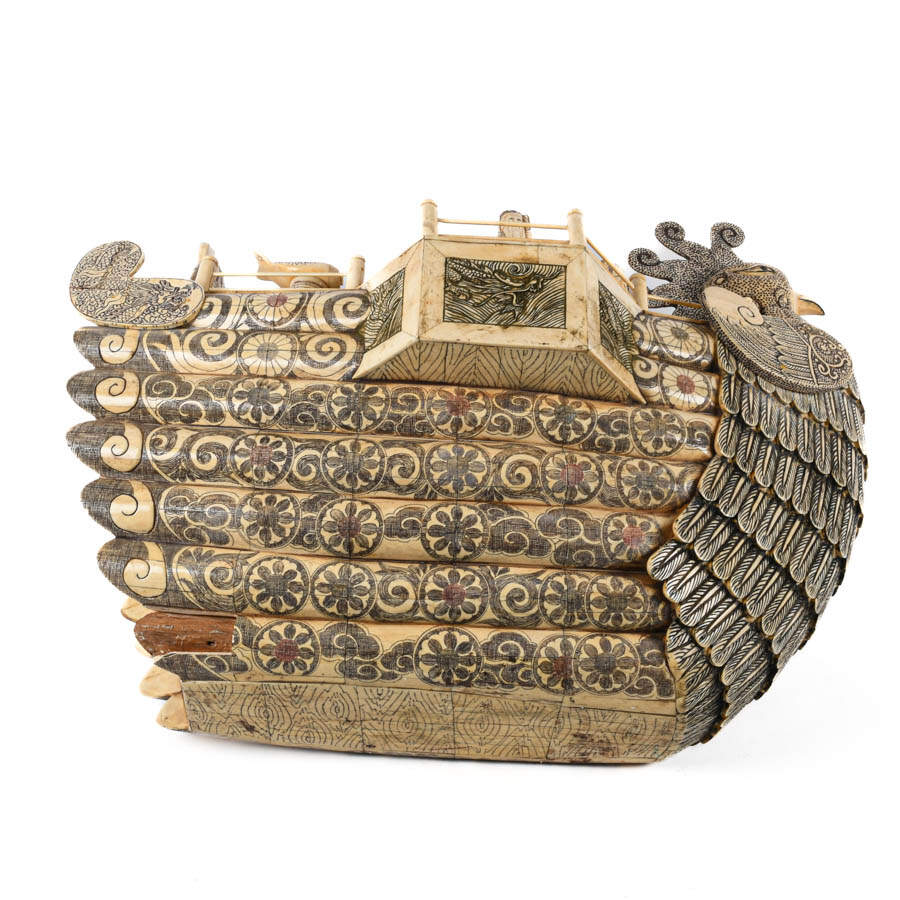 Large Bone Carved Chinese Junk Boat-10