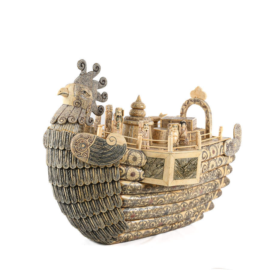 Large Bone Carved Chinese Junk Boat-2