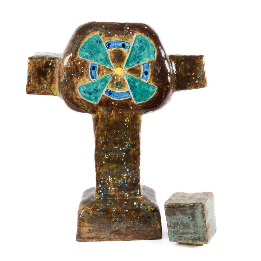Large Art Pottery Drip Glazed Lidded Cross-8