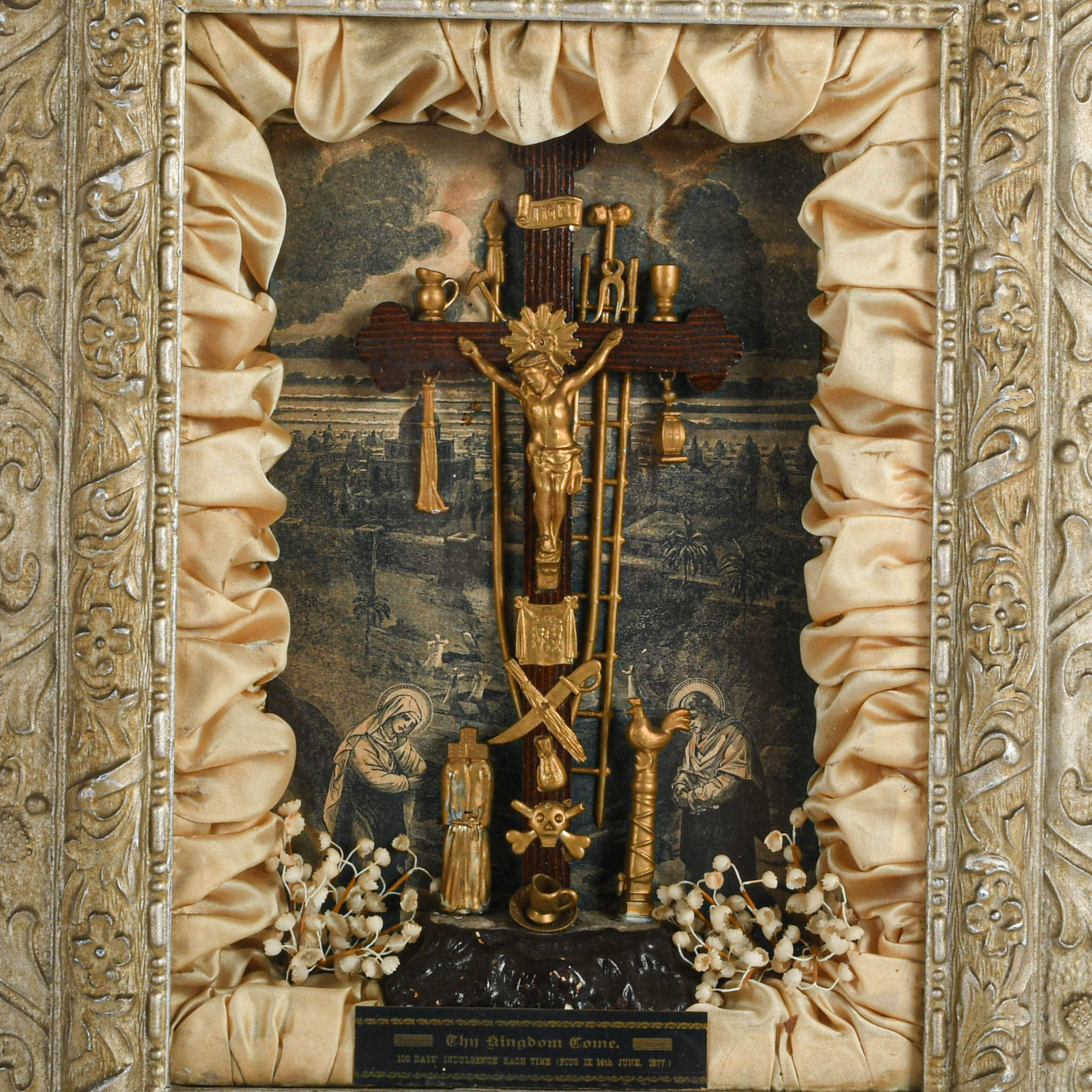 Antique "Thy Kingdom Come" Arma Christi Indulgence Shadow Box-2