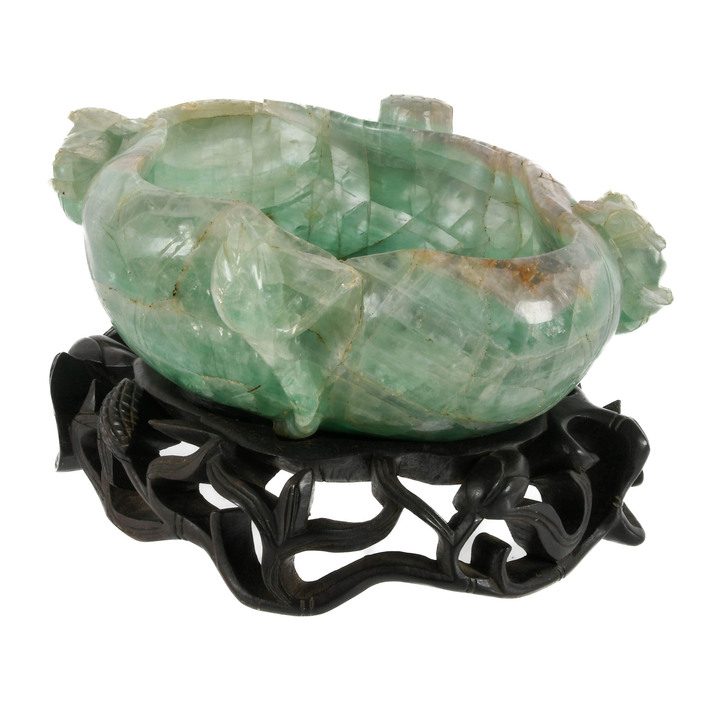 Chinese Lotus Flower Form Fluorite Brush Washer on Wood Base-3