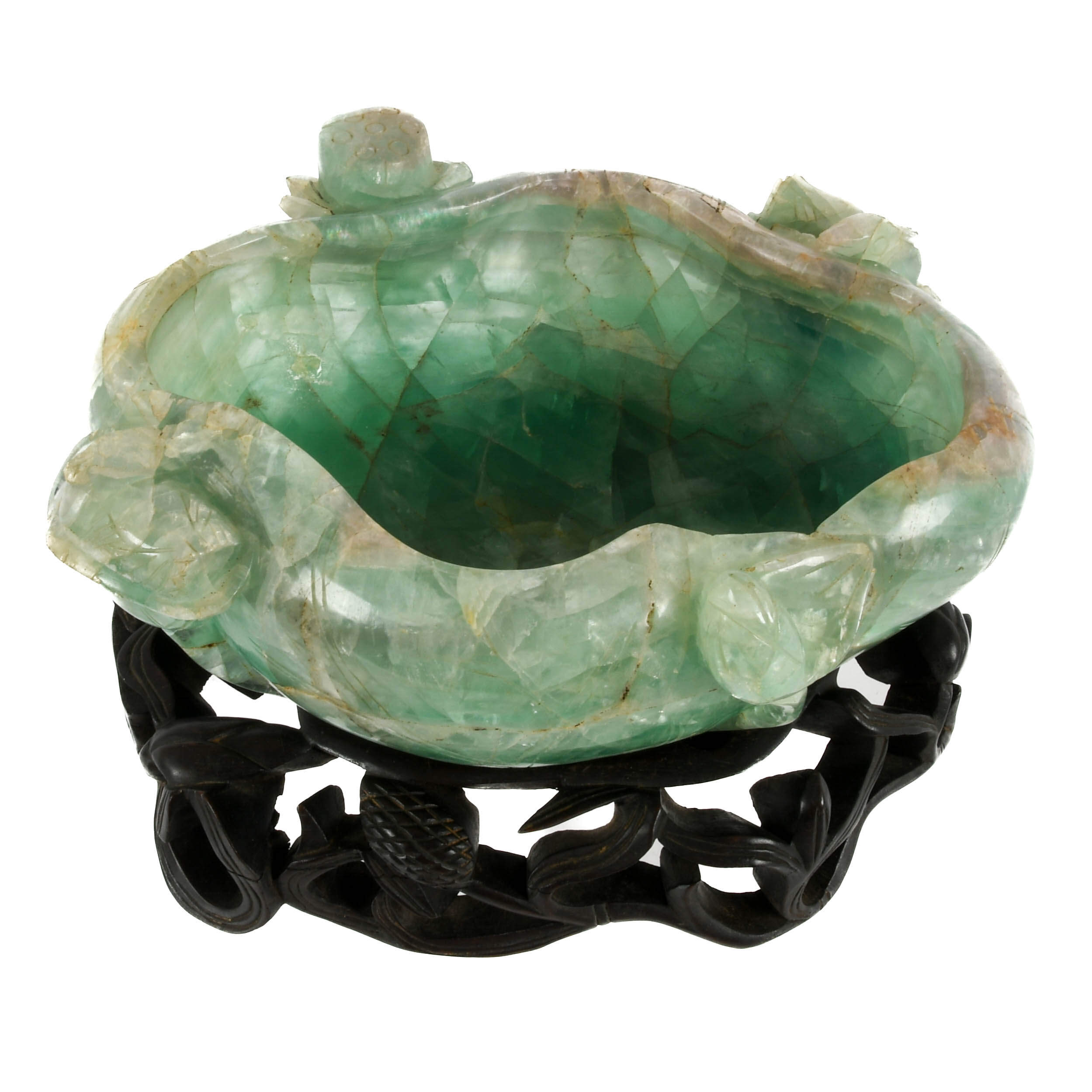 Chinese Lotus Flower Form Fluorite Brush Washer on Wood Base-2