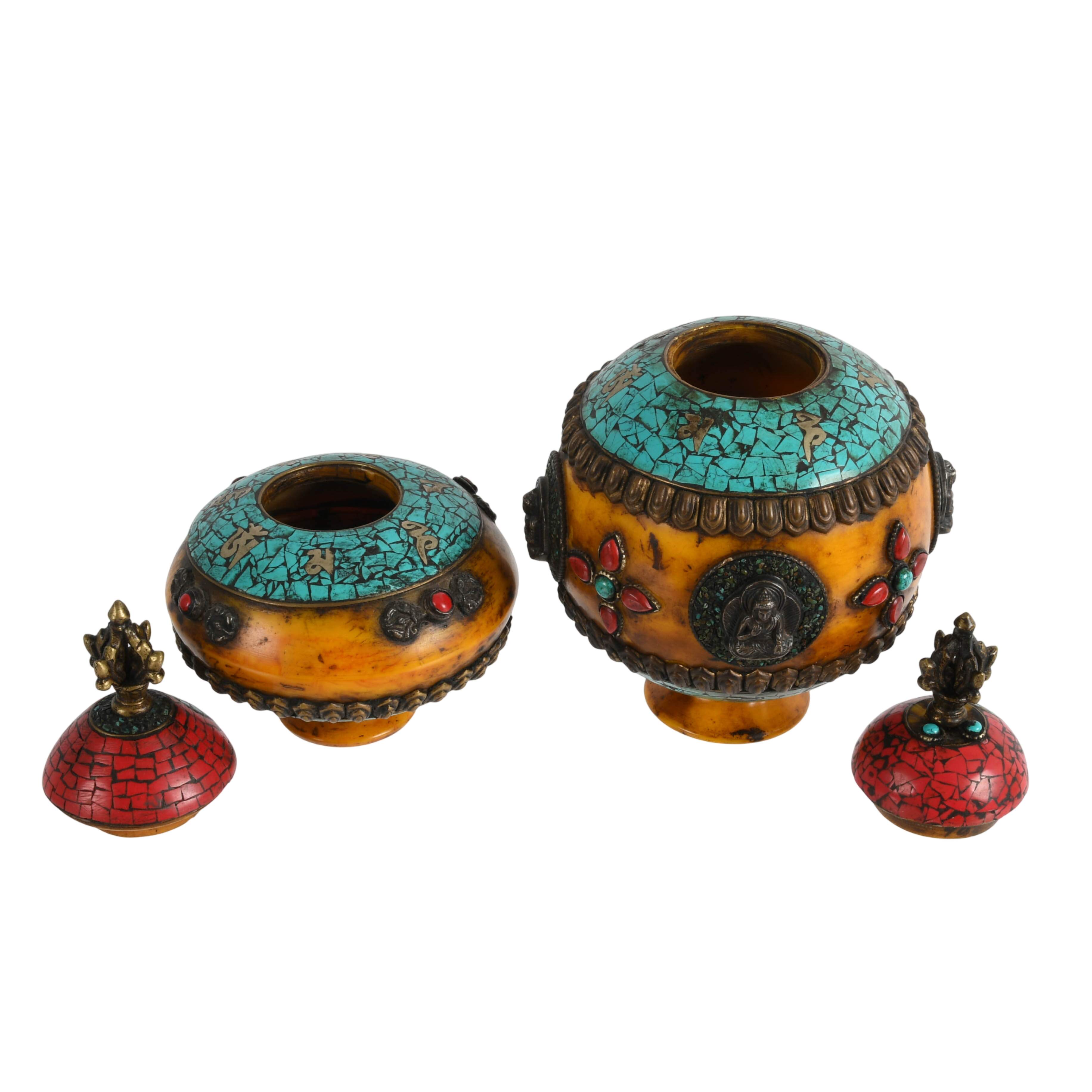 Grouping of Three Tibetan Ritual Items: Prayer Wheel and Dhupur Rice Pots-5