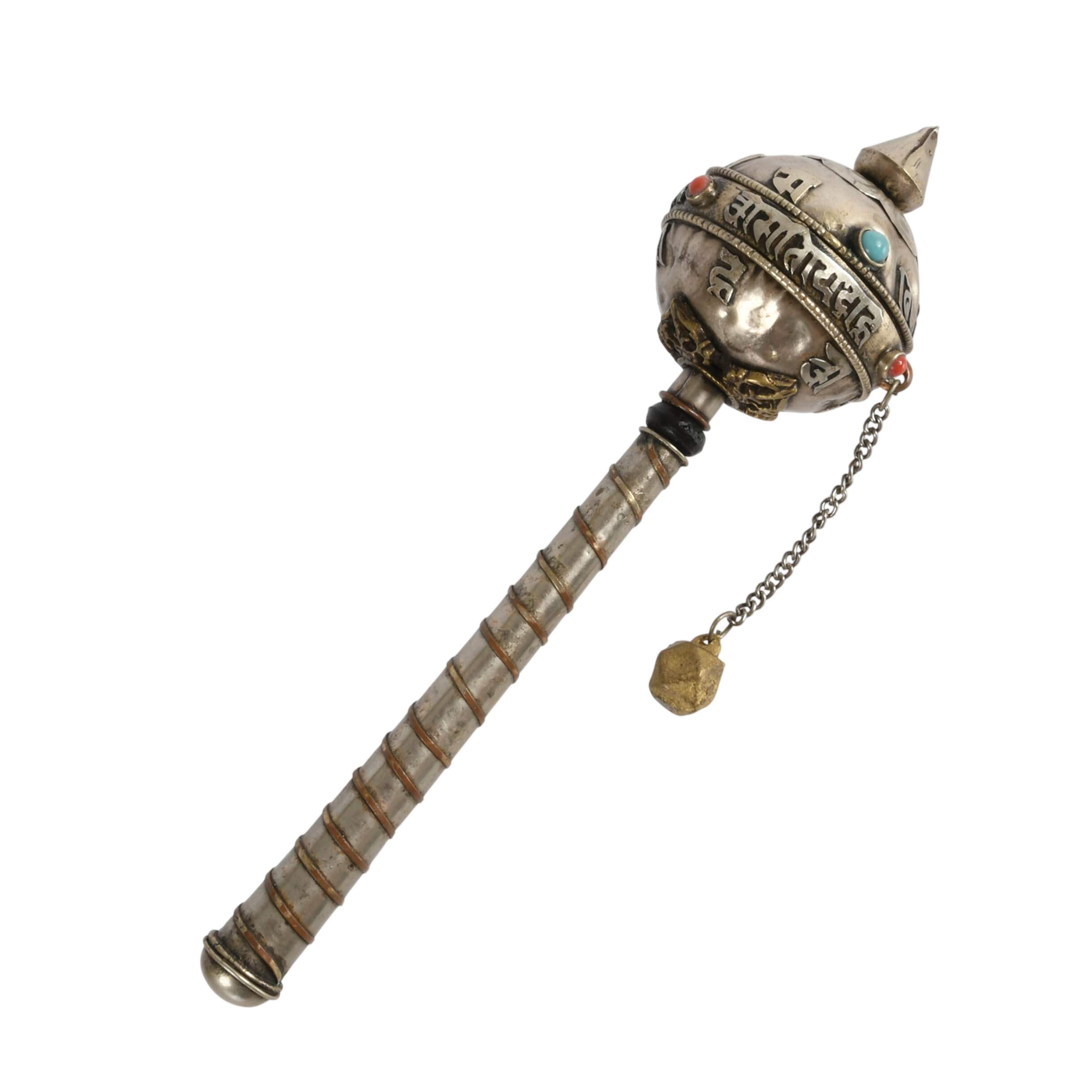 Grouping of Three Tibetan Ritual Items: Prayer Wheel and Dhupur Rice Pots-2