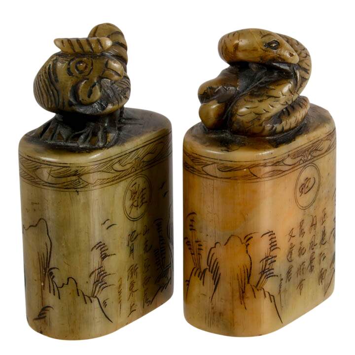 Pair of Chinese Zodiac Carved Shoushan Stone Chop Seals-4