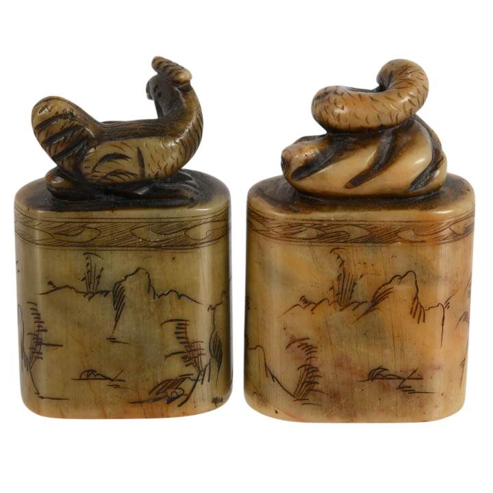 Pair of Chinese Zodiac Carved Shoushan Stone Chop Seals-3