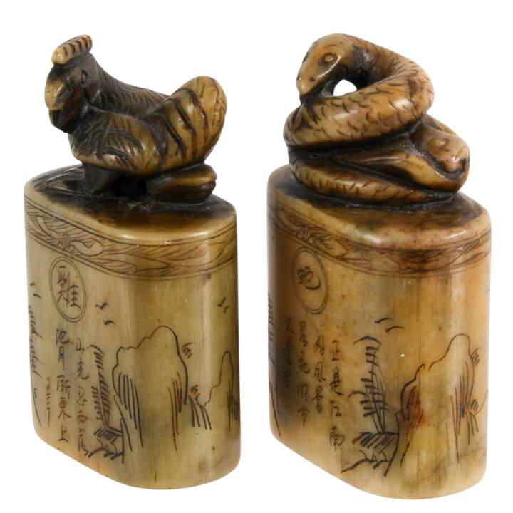 Pair of Chinese Zodiac Carved Shoushan Stone Chop Seals-2