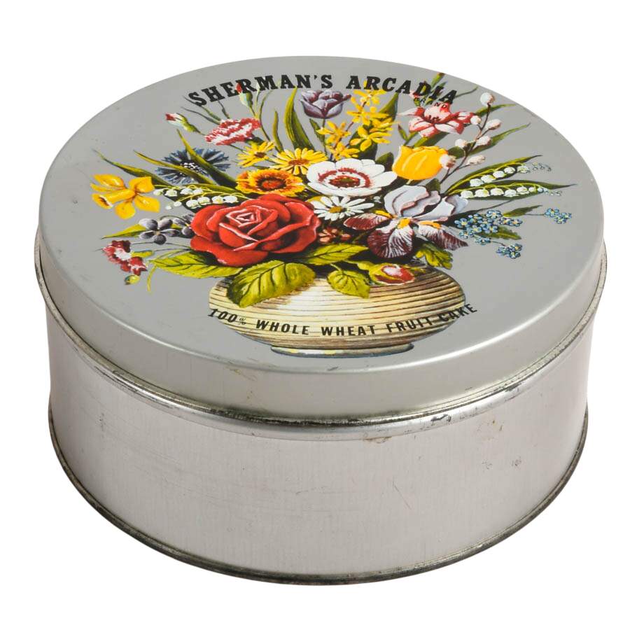 Vintage Thirteen-Piece Fruit Cake Tin with Period Mending Supplies-9