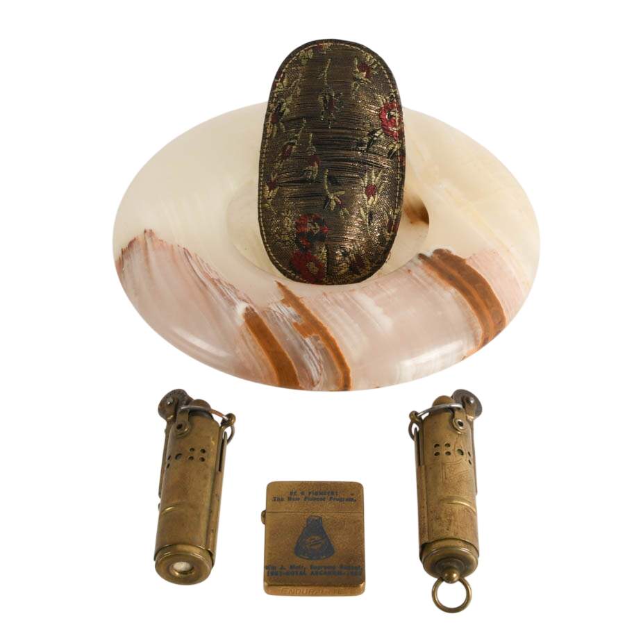 Grouping of Three Early Lighters and Carved Onyx Ashtray-1