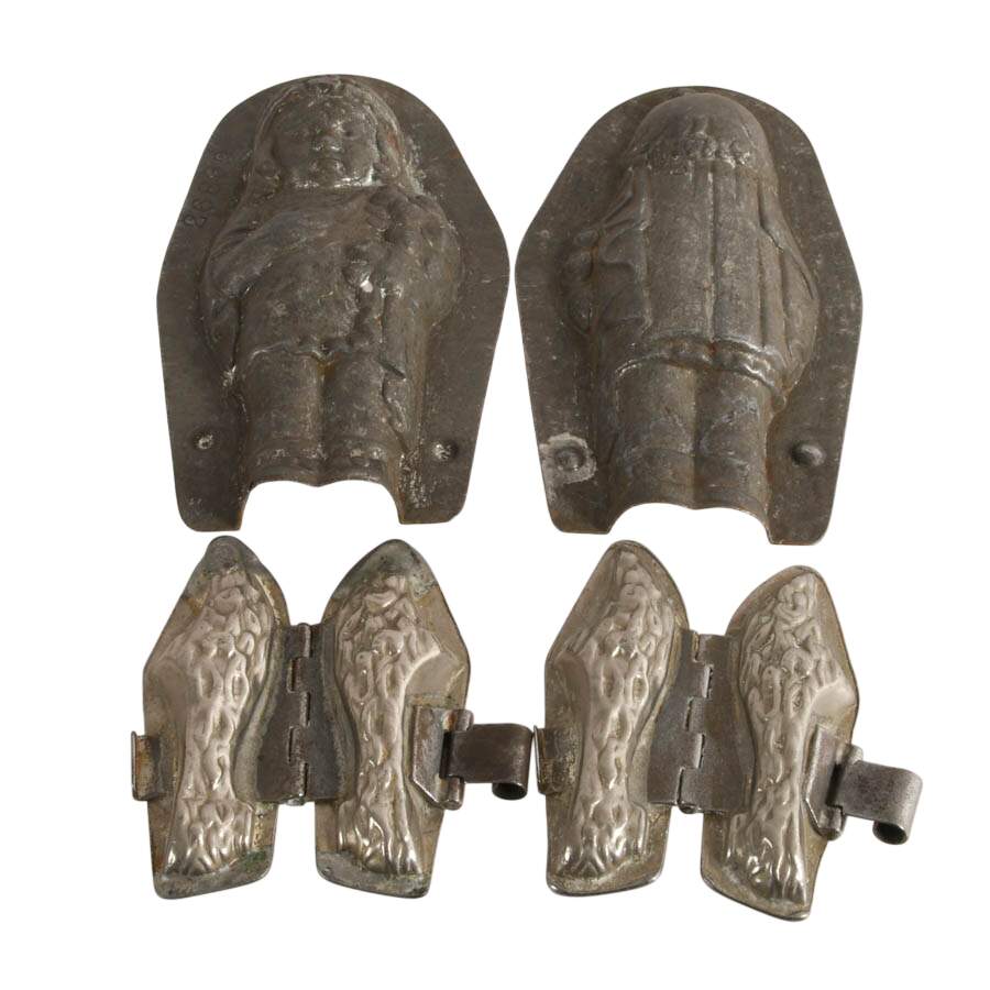 Trio of Antique German Chocolate Molds Including Girl and Two Clog Shoes-3