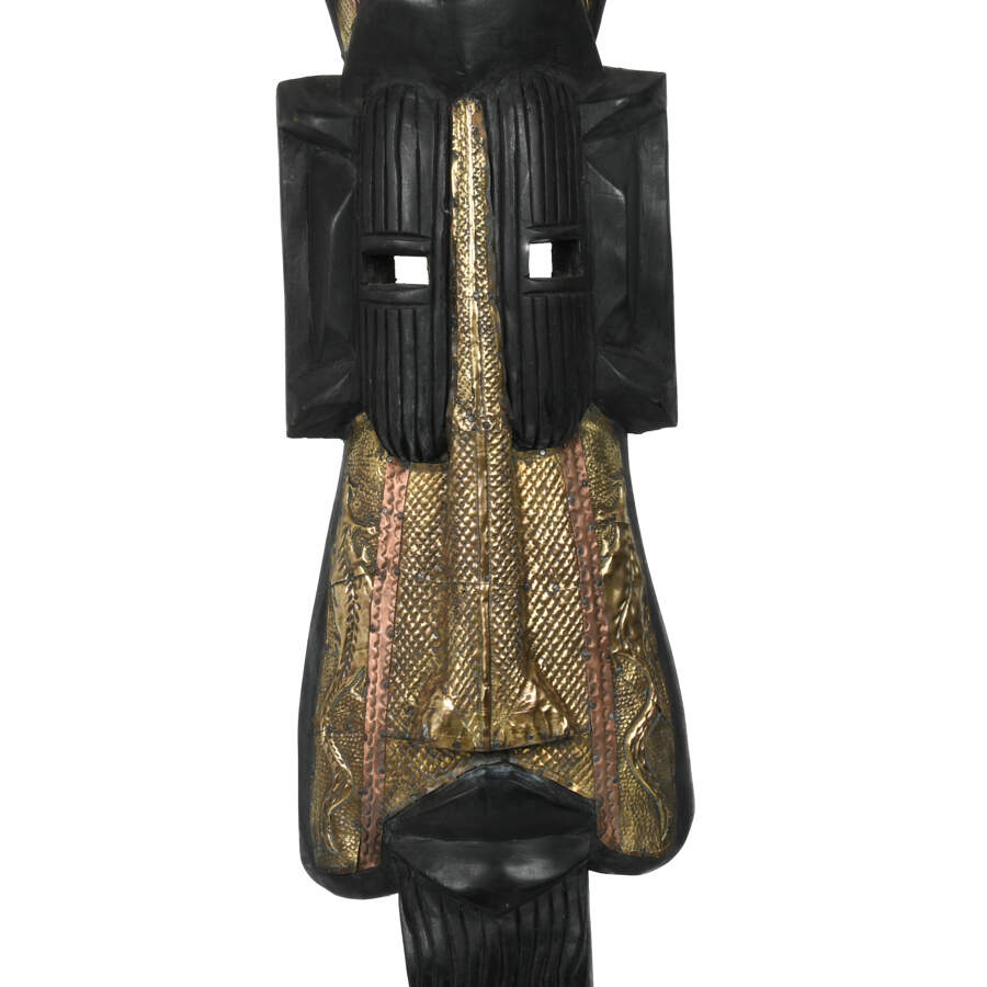 African Carved Ebony Wood Mask with Metal Accents-5