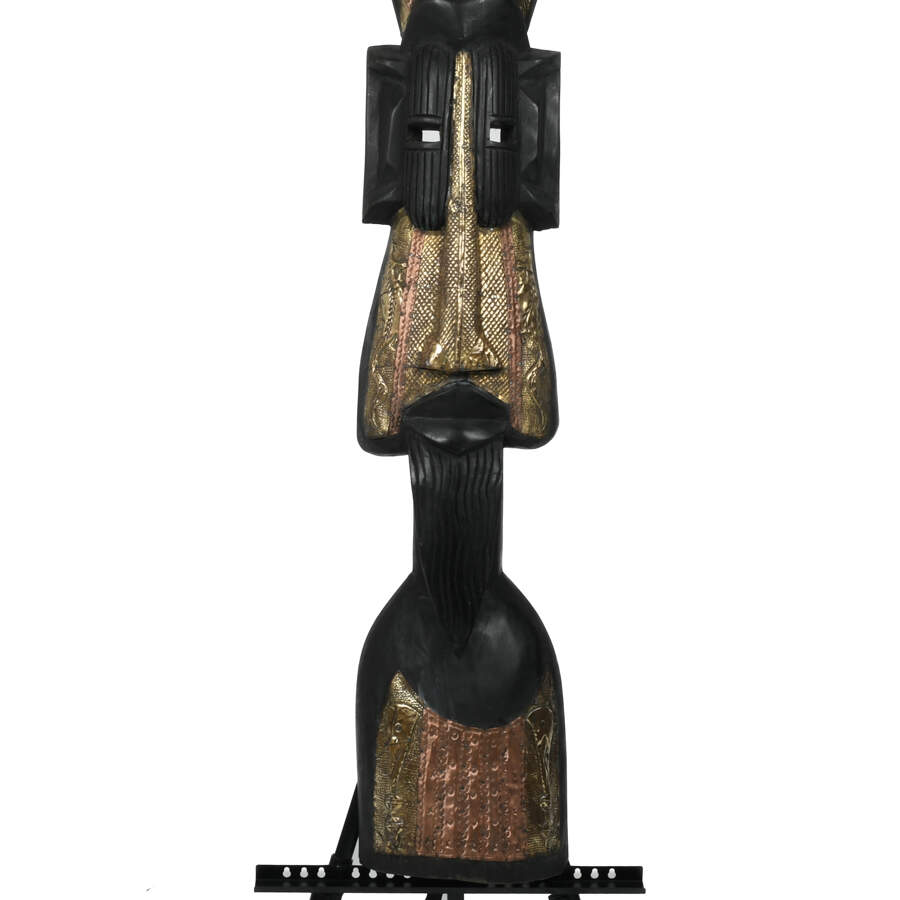 African Carved Ebony Wood Mask with Metal Accents-4