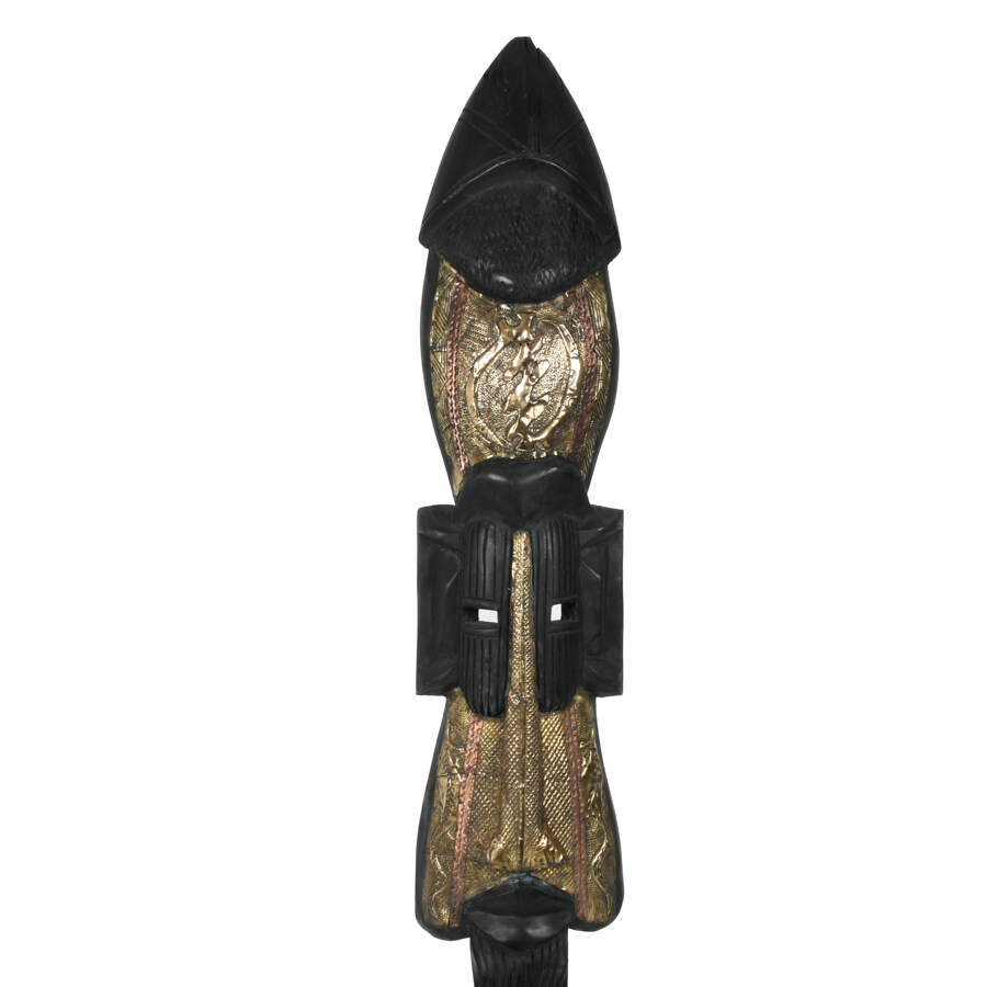 African Carved Ebony Wood Mask with Metal Accents-3