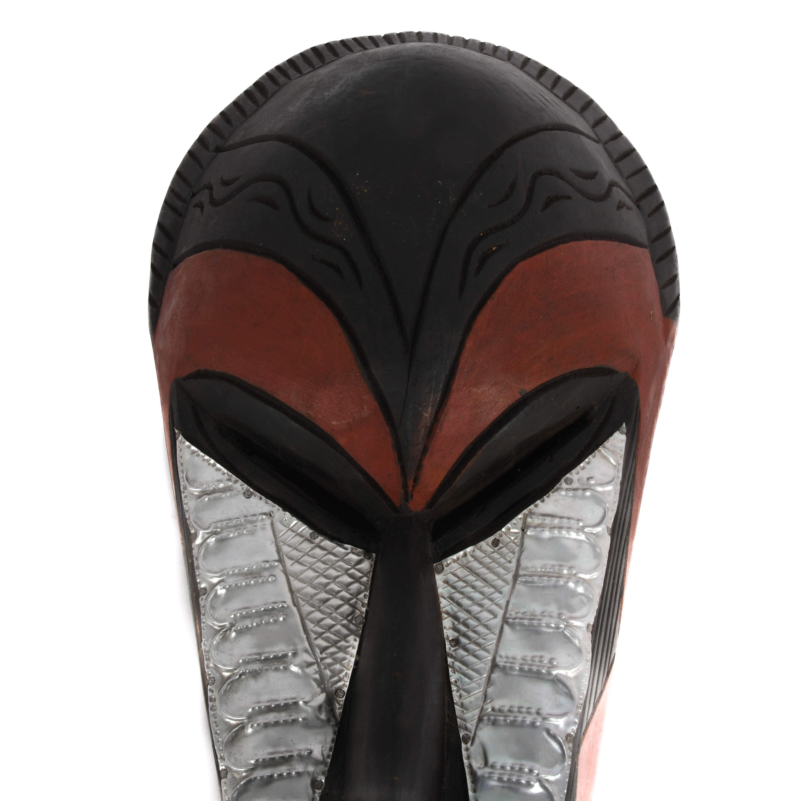 Ghanaian Hand-Carved Elongated Wood Mask with Tin Inset-2
