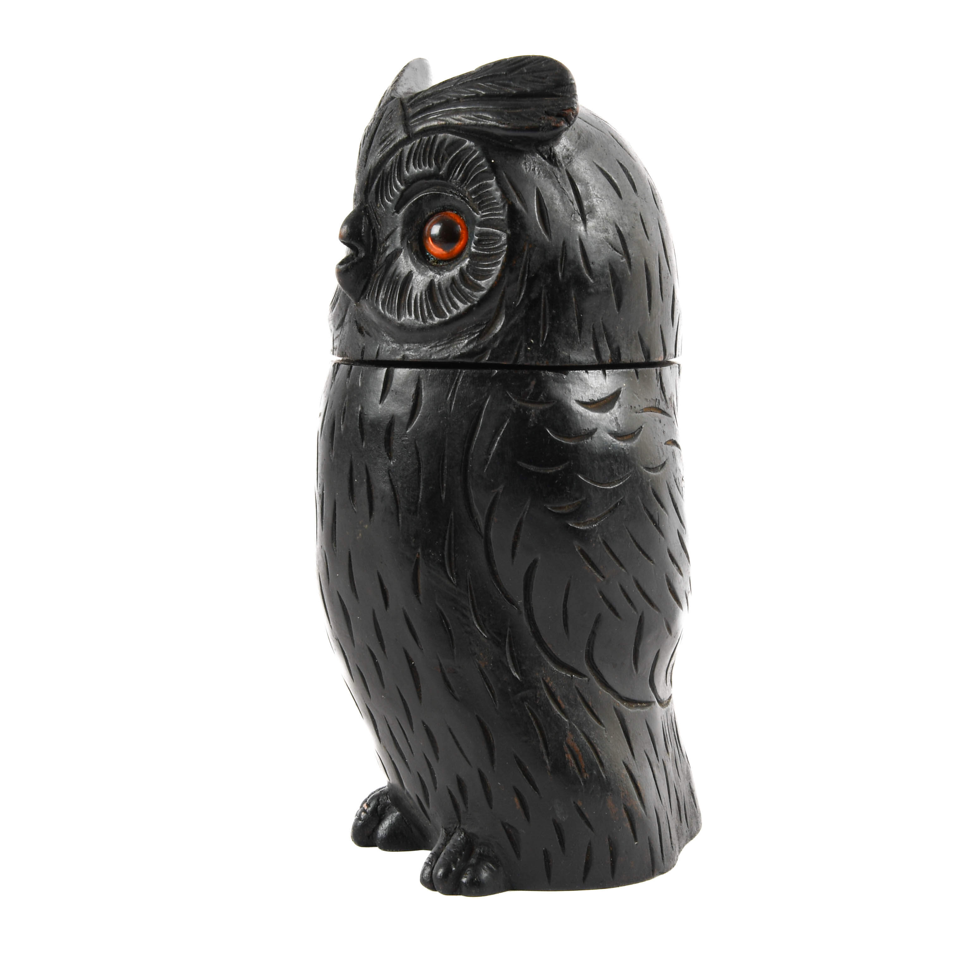 Antique Carved Wood Black Forest Owl Tobacco Jar-3