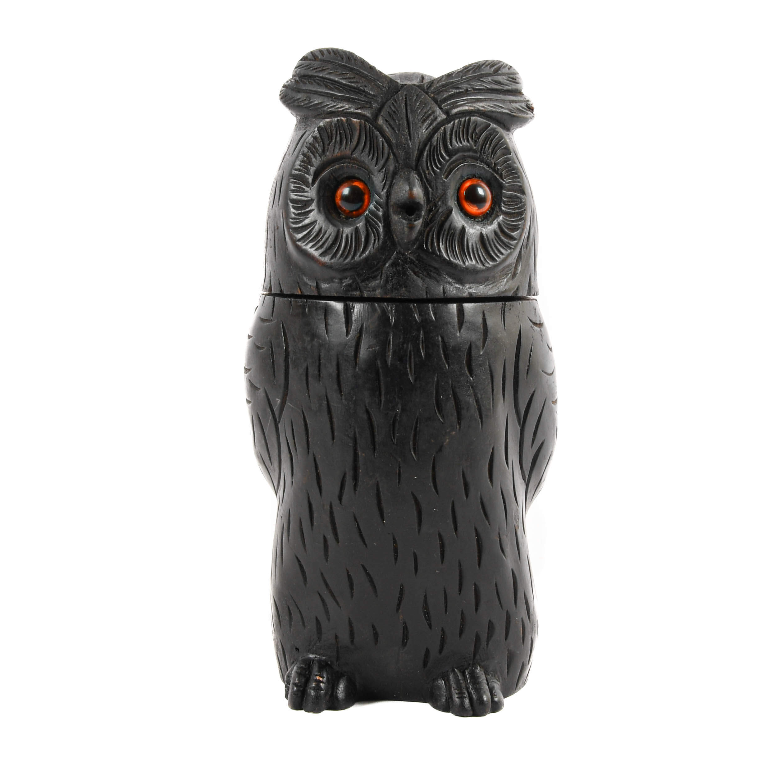 Antique Carved Wood Black Forest Owl Tobacco Jar-1