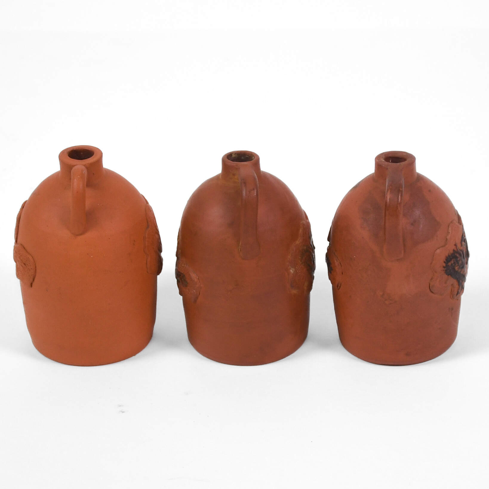 Antique 3 Piece Set Arts and Crafts Tokoname Japan Dragon Red Clay Jugs-4