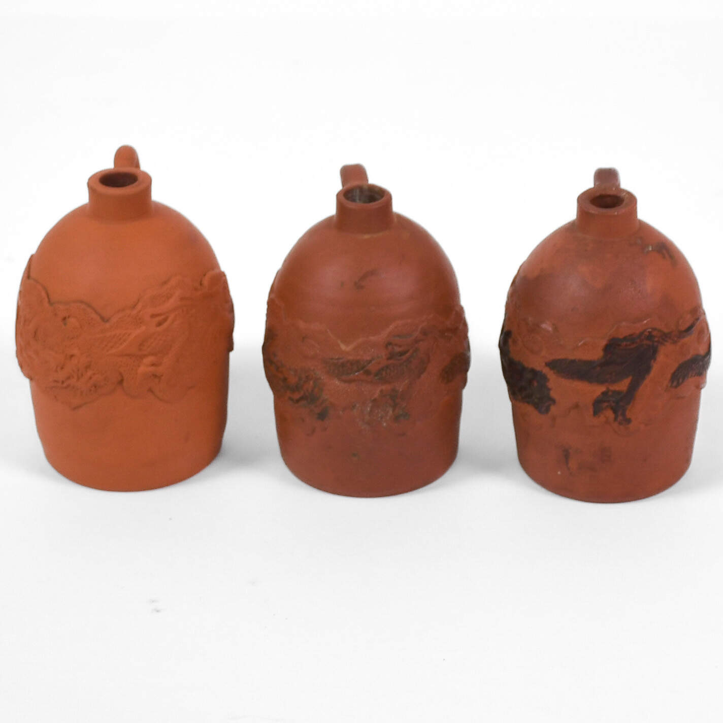 Antique 3 Piece Set Arts and Crafts Tokoname Japan Dragon Red Clay Jugs-2
