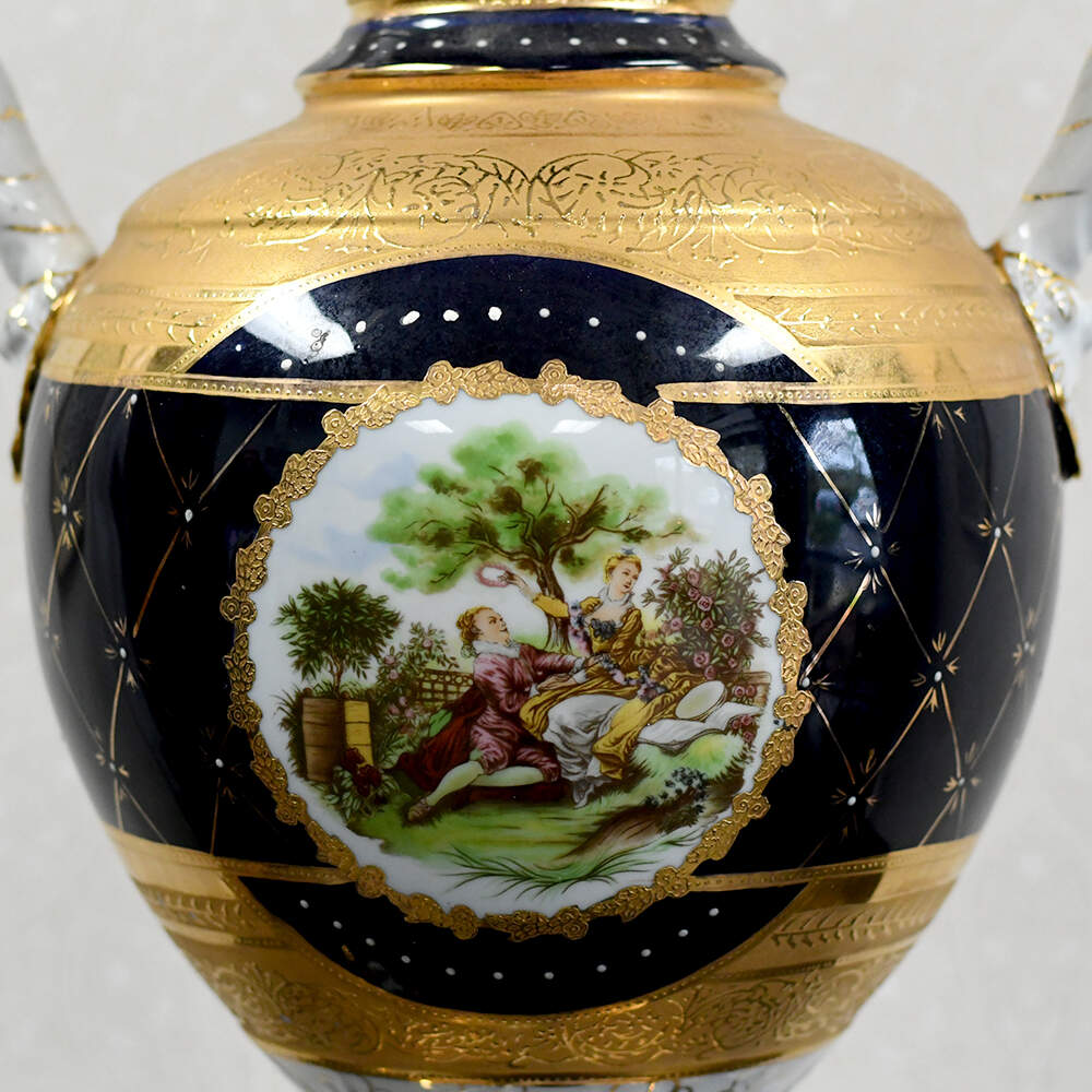 L. F. Limoges PRC "The Lover's Crowned" Cobalt & Gilt Porcelain Lidded Urn-12