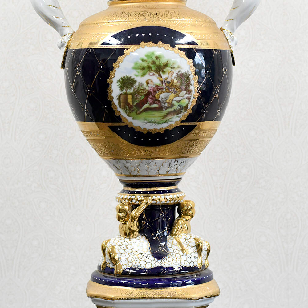 L. F. Limoges PRC "The Lover's Crowned" Cobalt & Gilt Porcelain Lidded Urn-7