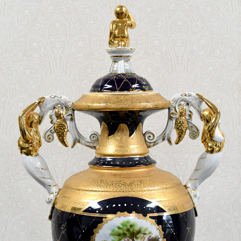 L. F. Limoges PRC "The Lover's Crowned" Cobalt & Gilt Porcelain Lidded Urn-5
