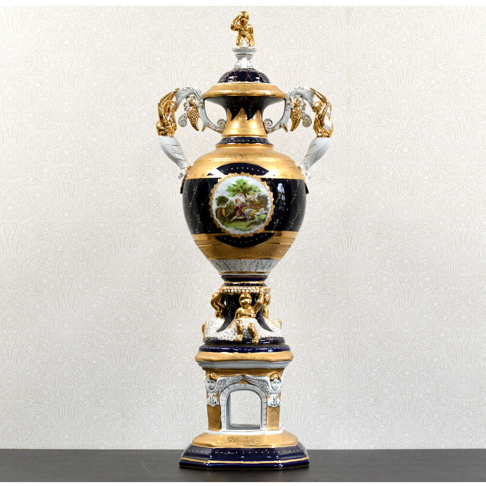 L. F. Limoges PRC "The Lover's Crowned" Cobalt & Gilt Porcelain Lidded Urn-1
