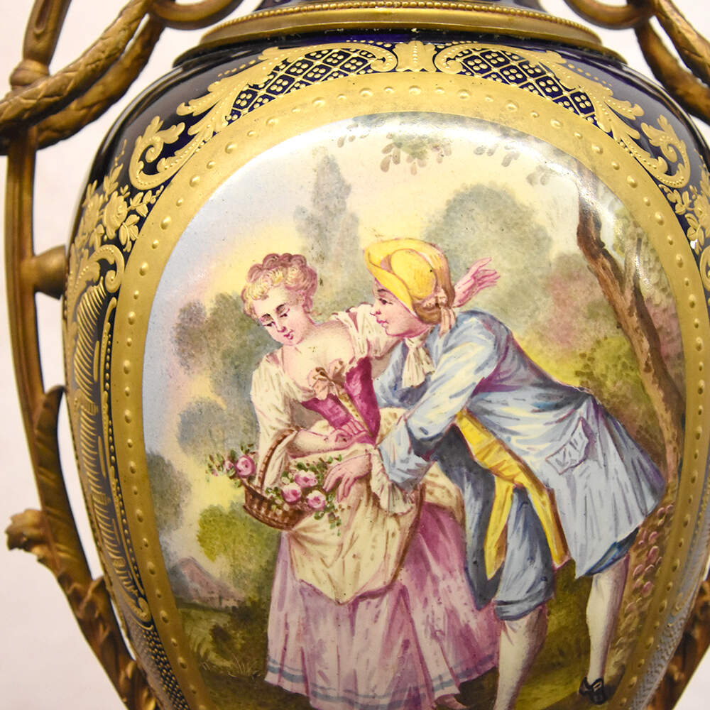 Antique Sèvres-Style Hand-Painted Lovers View Urn on Bronze Base-2