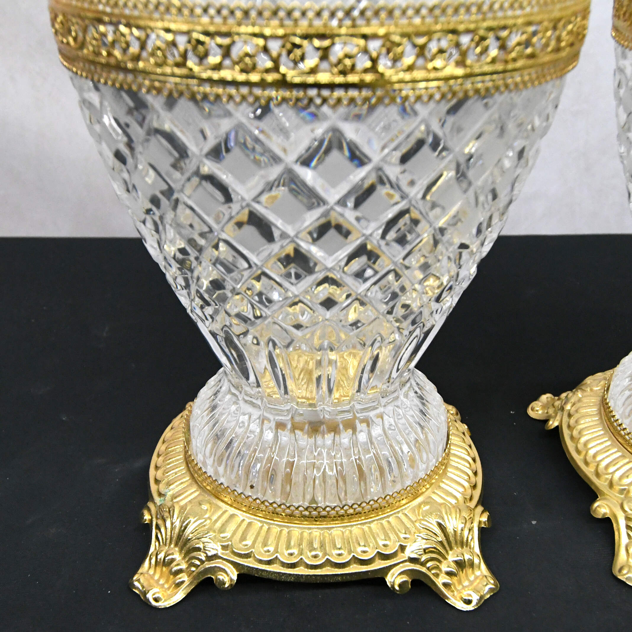 Pair of Molded Frosted Glass Lidded Urns on Gold Footed Bases-6