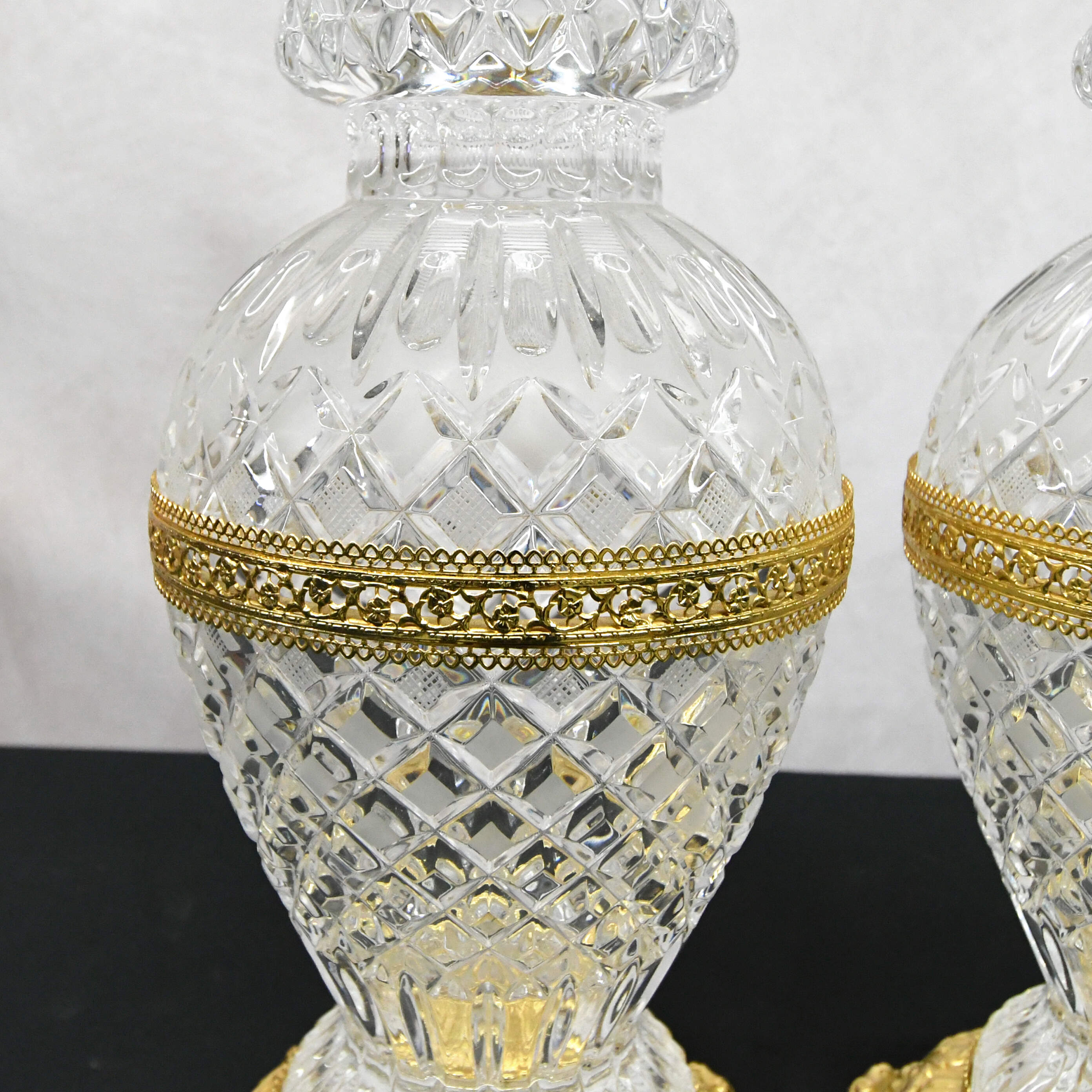 Pair of Molded Frosted Glass Lidded Urns on Gold Footed Bases-5